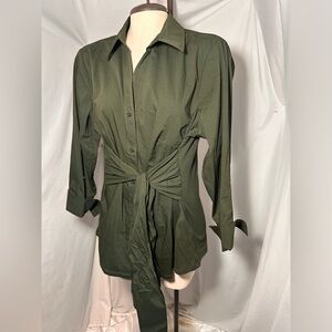 Zac & Rachel Olive Green Button-Up Shirt with Waist Tie XL